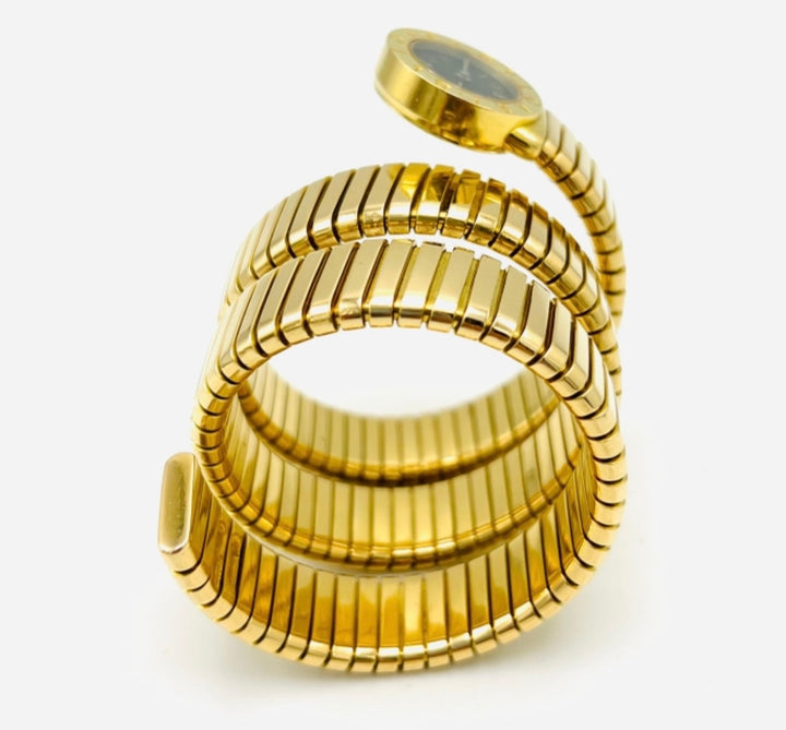 Vintage Bulgari Yellow Gold Black Dial Serpenti Tubogas Wrap Around Wrist Watch