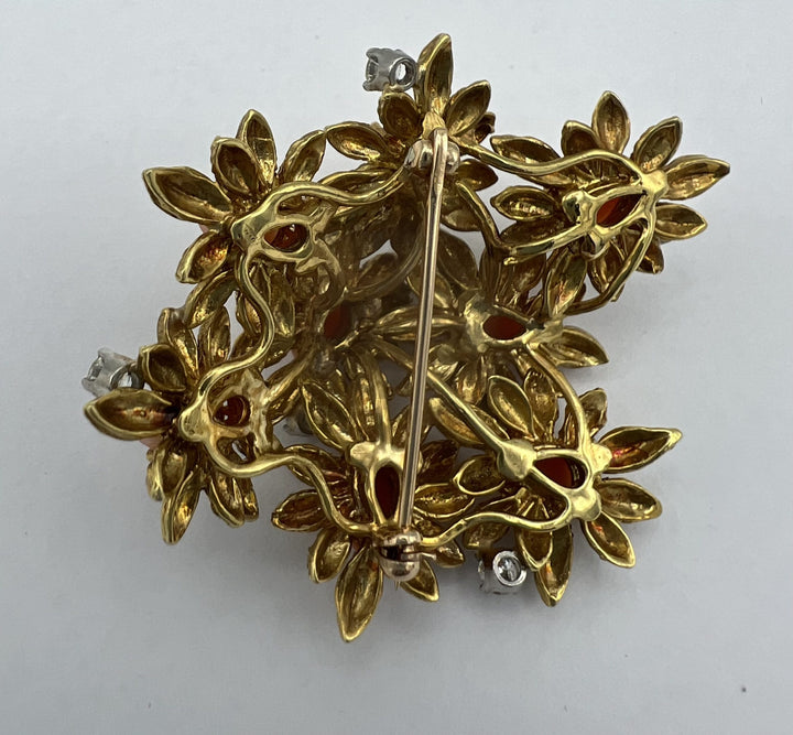 18k Gold Coral Diamond Floral Brooch
