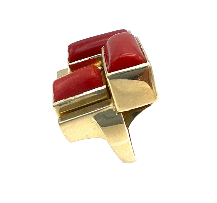Mid Century Modern Yellow Gold and Coral Ring