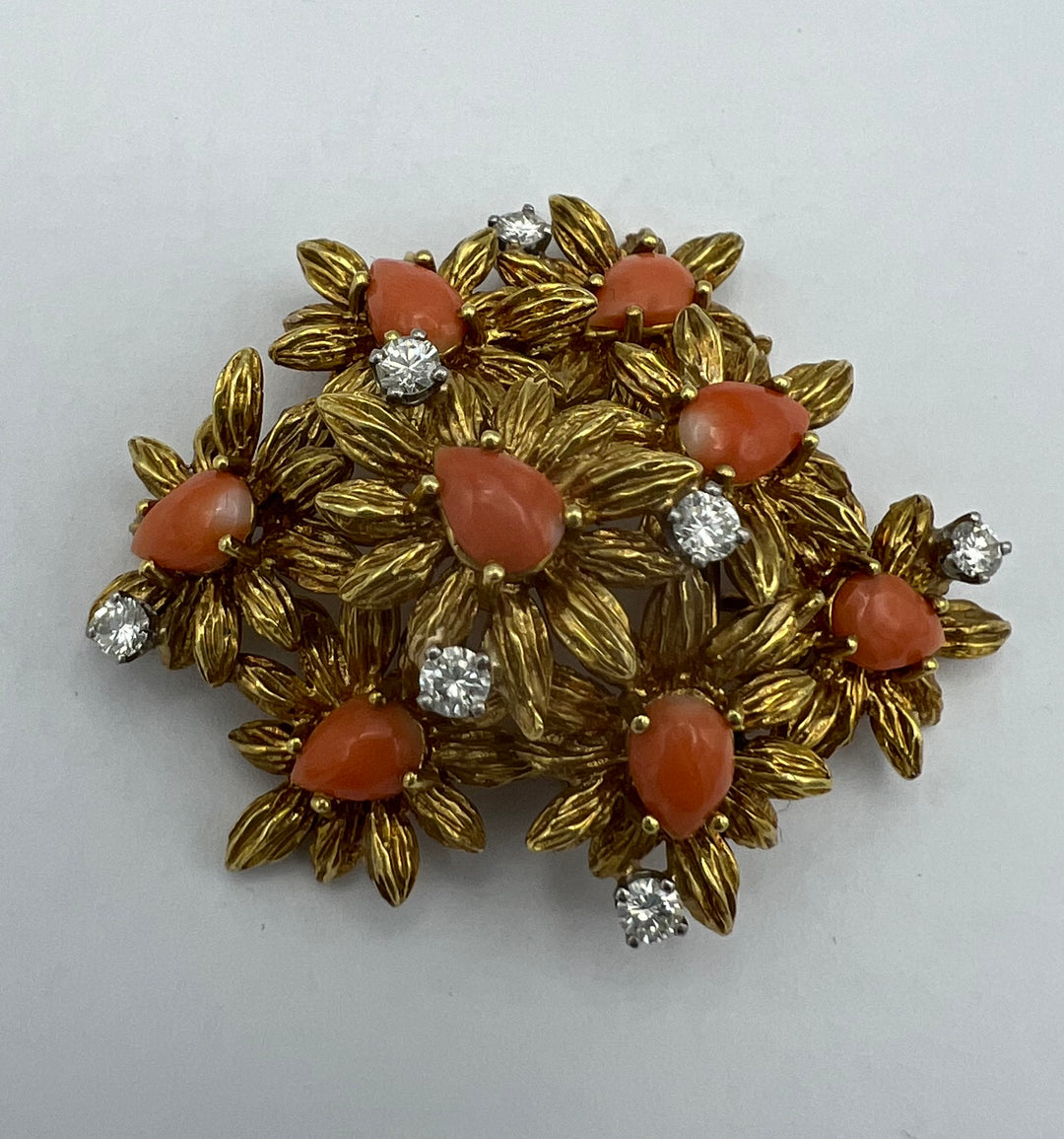18k Gold Coral Diamond Floral Brooch