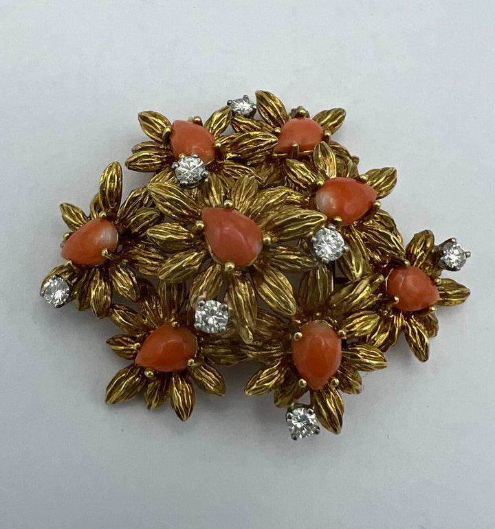 18k Gold Coral Diamond Floral Brooch