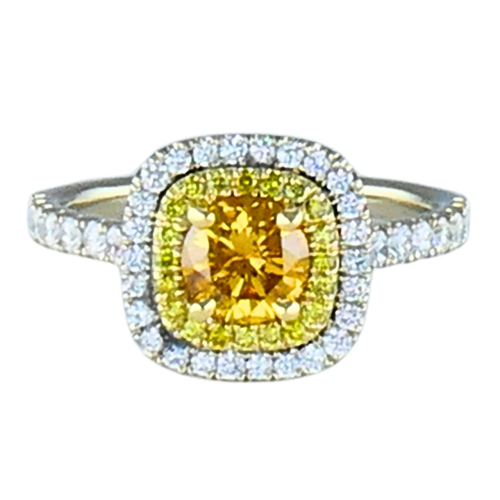 14k White Gold Ring Fancy Yellow Orange Diamond GIA Double Halo Estate Jewelry