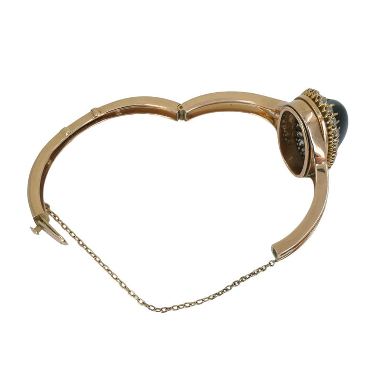 Antique Victorian Rose Gold Diamond Cat's Eye Clamper Bracelet