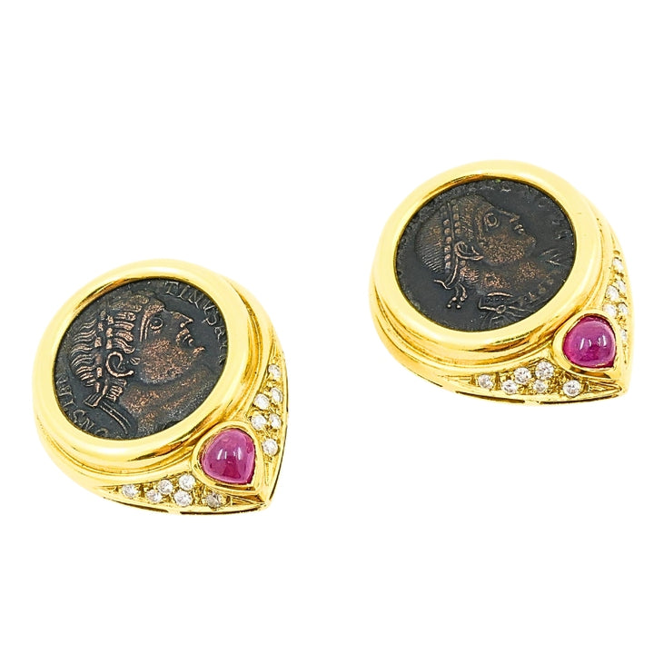 Ancient Coin 18k Gold Earrings Ruby