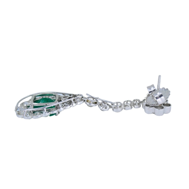 Art Deco Drop Earrings Platinum Diamond Emerald Cushion Cut Estate Jewelry