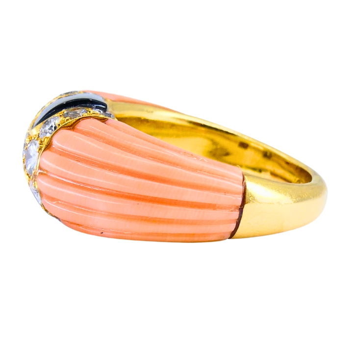 Vintage Cartier Set Coral Onyx Diamond 18k Gold Ring and Earrings Estate Jewelry