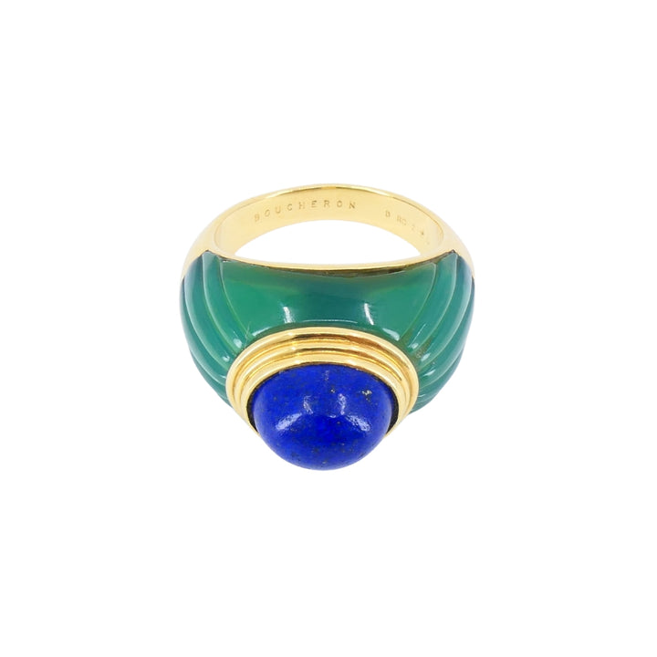 1980's Boucheron Jaipur Ring 18k Gold Chrysophrase Lapis Lazuli Original Pouch