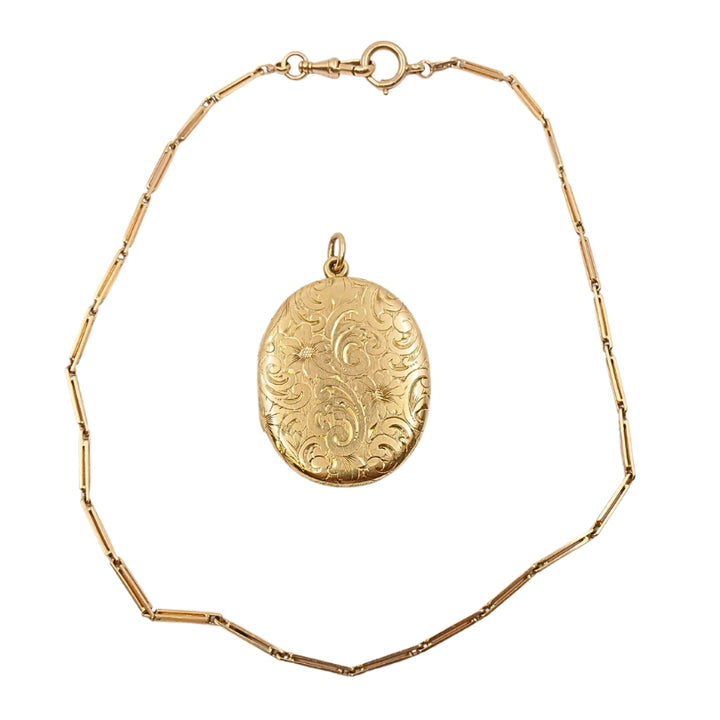 14k Gold Engraved Locket Pendant Gold Antique Watch Chain