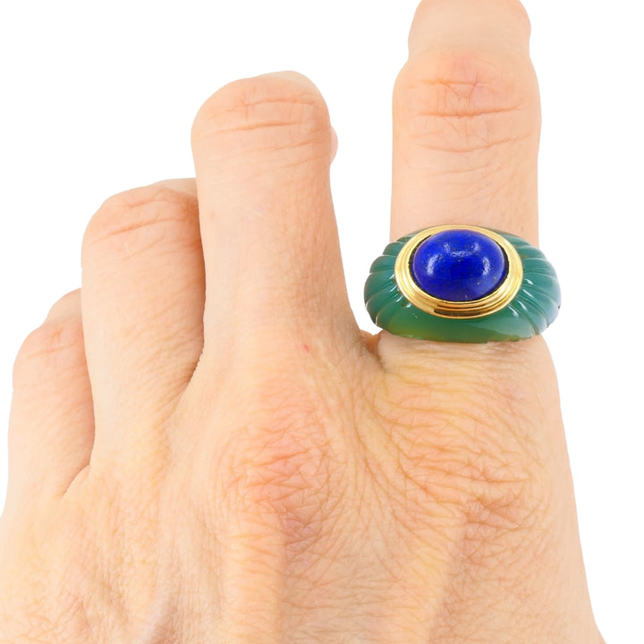1980's Boucheron Jaipur Ring 18k Gold Chrysophrase Lapis Lazuli Original Pouch
