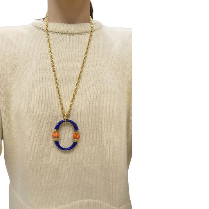 1970s Boucheron 18k Gold Coral Lapis Lazuli Pendant