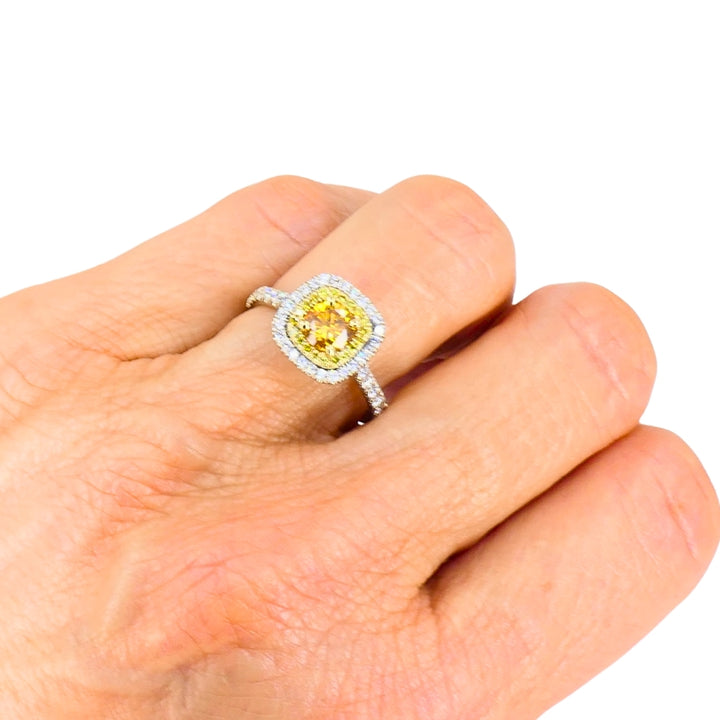14k White Gold Ring Fancy Yellow Orange Diamond GIA Double Halo Estate Jewelry