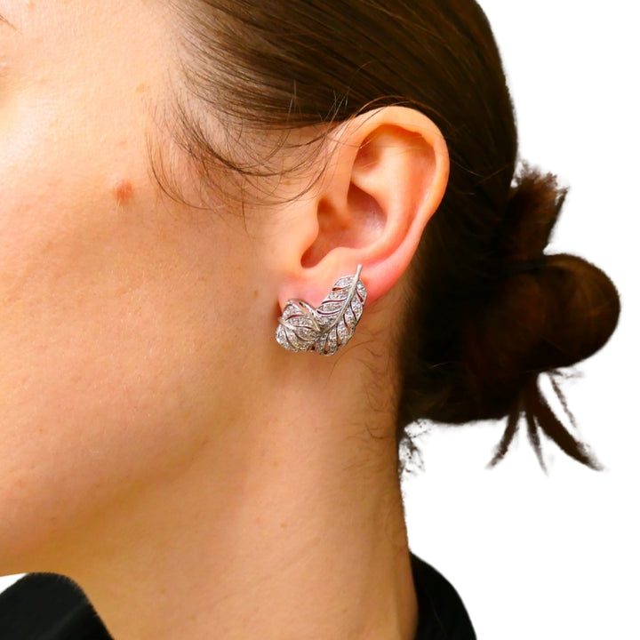 Art Deco Leaf Shaped Earrings Diamond Platinum Estate Jewelry