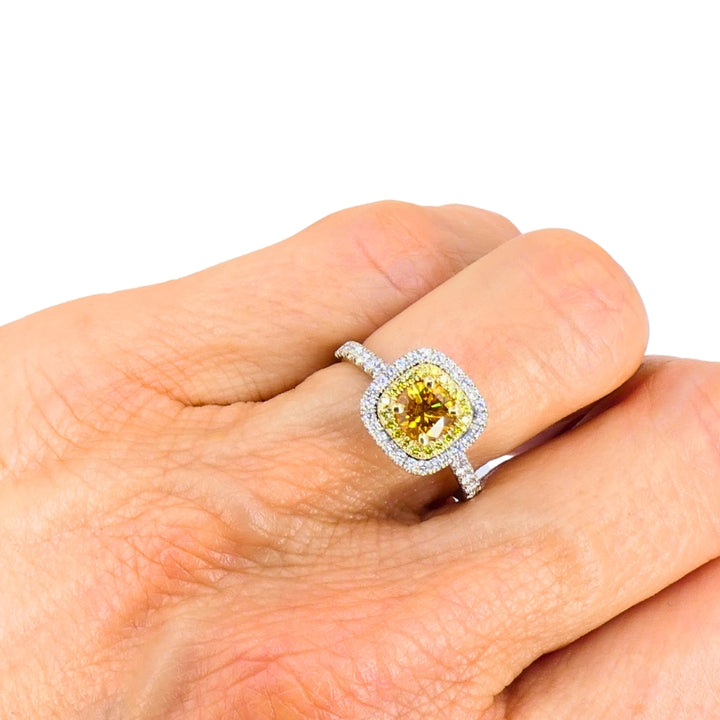 14k White Gold Ring Fancy Yellow Orange Diamond GIA Double Halo Estate Jewelry