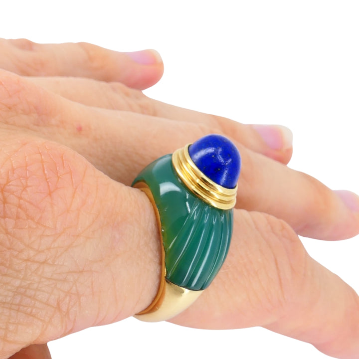 1980's Boucheron Jaipur Ring 18k Gold Chrysophrase Lapis Lazuli Original Pouch