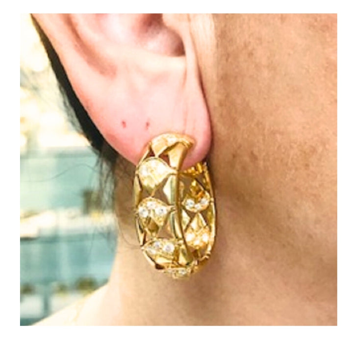 Cartier Hoop Earrings Diamond  18k Gold Triangular Pattern