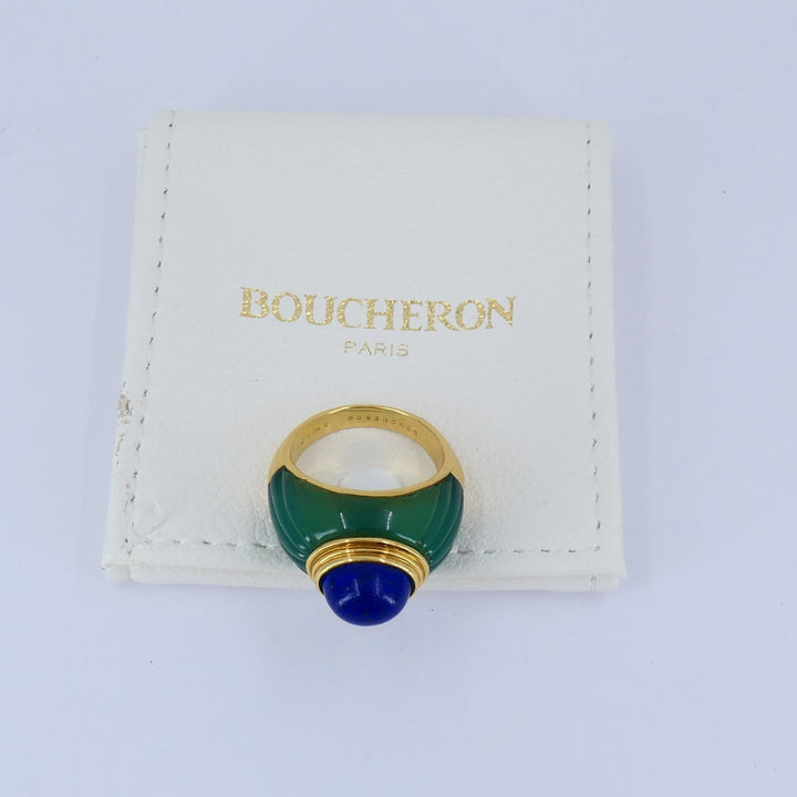 1980's Boucheron Jaipur Ring 18k Gold Chrysophrase Lapis Lazuli Original Pouch