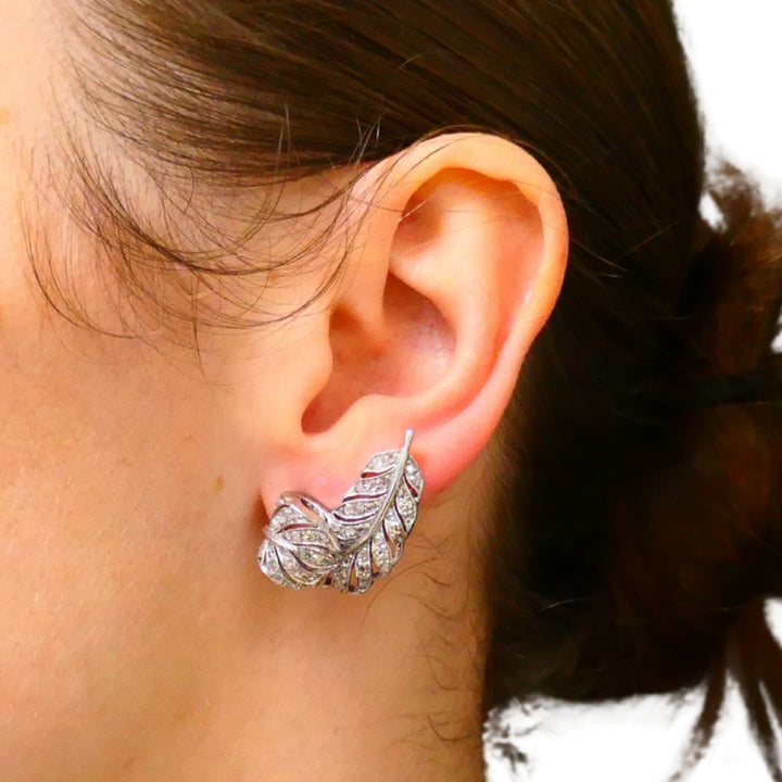 Art Deco Leaf Shaped Earrings Diamond Platinum Estate Jewelry