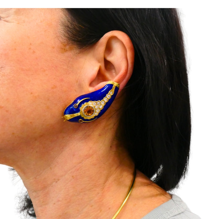 Vintage French 1950s Snake Earrings 18k Gold Platinum Blue Enamel Gemstones