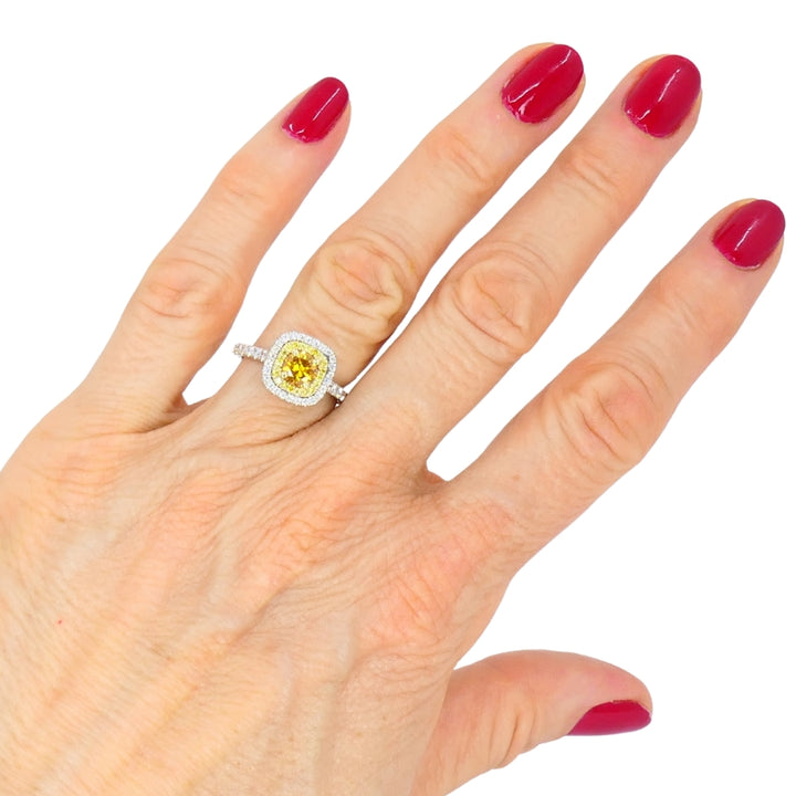 14k White Gold Ring Fancy Yellow Orange Diamond GIA Double Halo Estate Jewelry