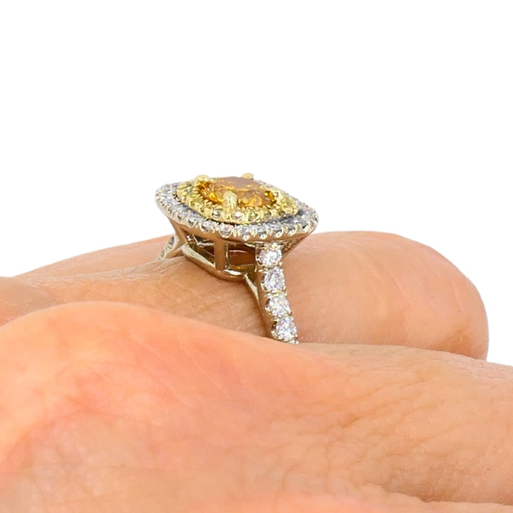 14k White Gold Ring Fancy Yellow Orange Diamond GIA Double Halo Estate Jewelry