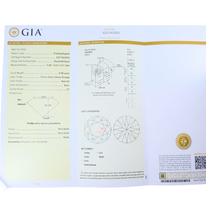 14k White Gold Ring Fancy Yellow Orange Diamond GIA Double Halo Estate Jewelry