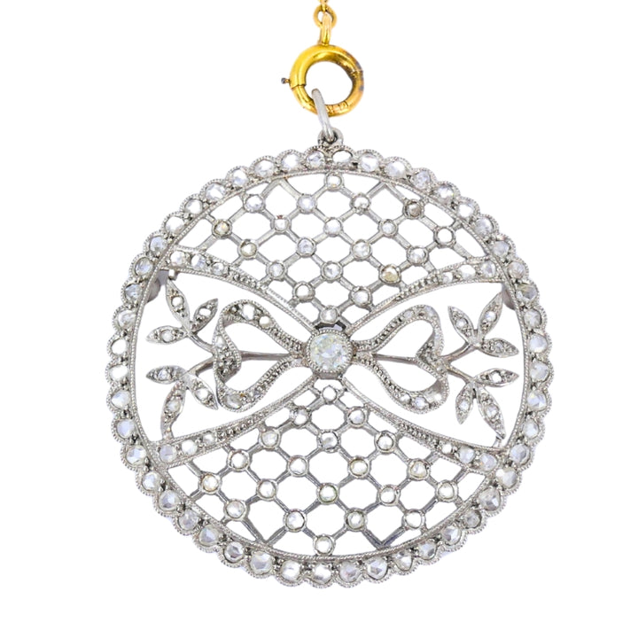 Edwardian Platinum Filigree Pendant Diamonds 14k Gold Chain Art Deco Estate