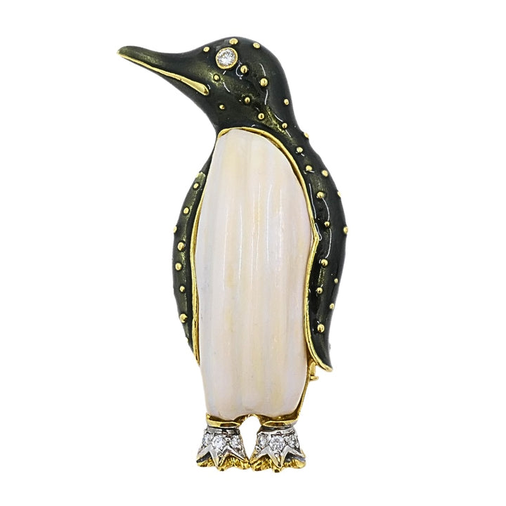 Aldo Cipullo for Cartier Brooch Penguin Enamel Diamond 18K Gold