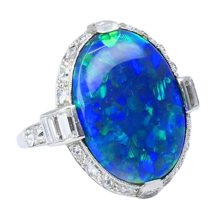 Art Deco Black Opal Ring Platinum Diamond Estate Jewelry
