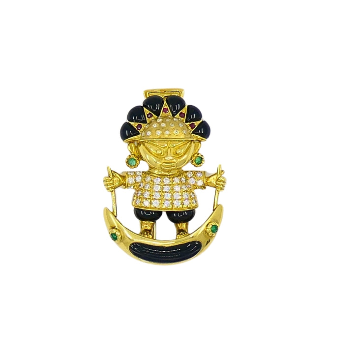Aldo Cipullo Warrior Brooch 18k Gold Onyx Diamond Gemstones