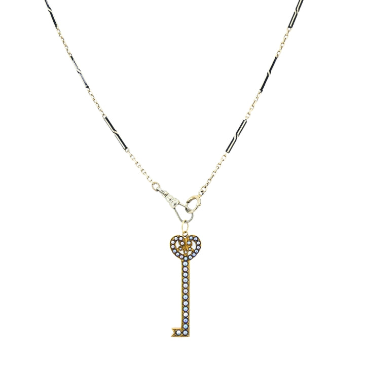14k Gold Key Pendant Necklace Pearls and Black Enamel