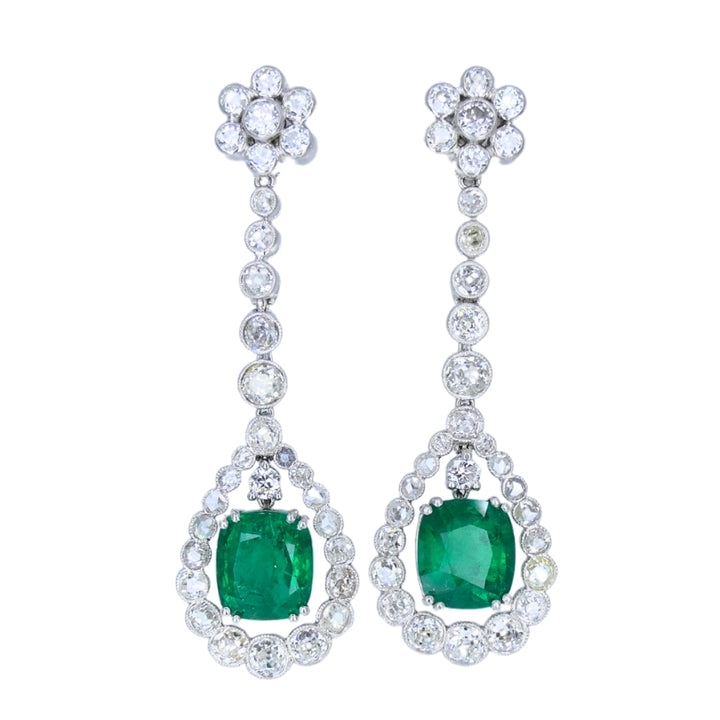 Art Deco Drop Earrings Platinum Diamond Emerald Cushion Cut Estate Jewelry