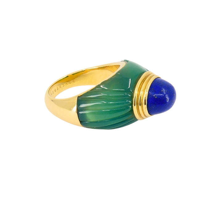1980's Boucheron Jaipur Ring 18k Gold Chrysophrase Lapis Lazuli Original Pouch