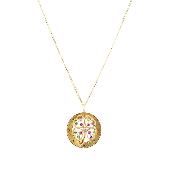 14K Gold  Gemstones Clover Pendant Necklace