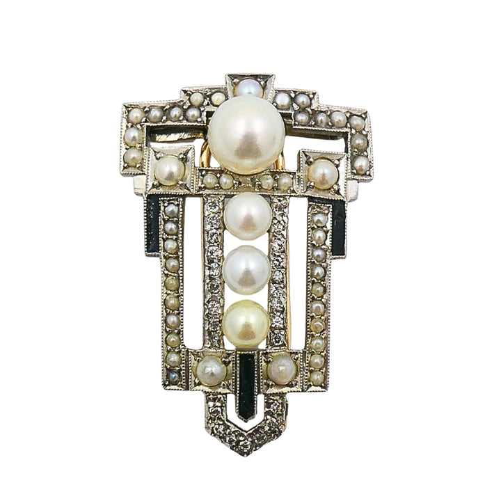 Art Deco Palladium Pearl Diamond Geometric Pin Brooch