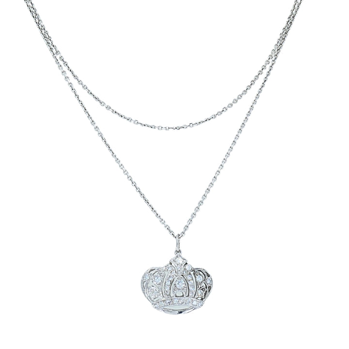 14k White Gold Diamond Crown Pendant Necklace