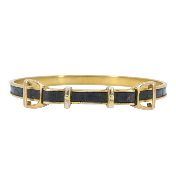 1980s Hermes Vermeil Leather Equestrian Bangle Bracelet