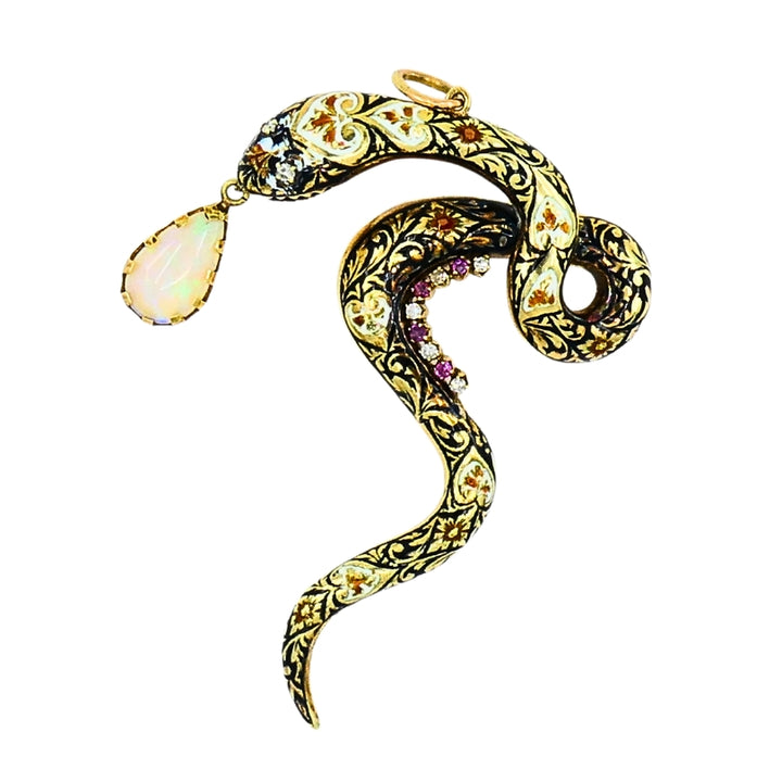 Antique Snake Pendant 14k Gold Enamel Gemstones