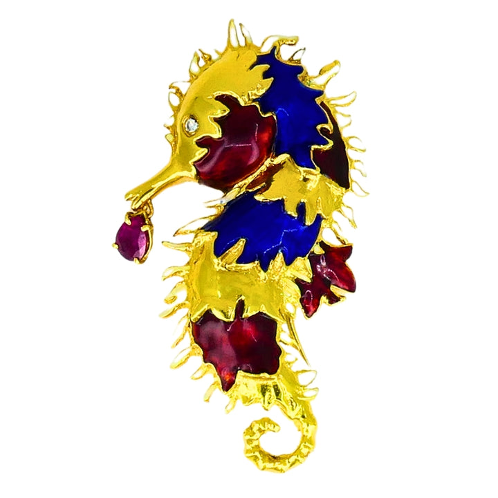Aldo Cipullo for Cartier Seahorse Brooch Gold Enamel Gemstones