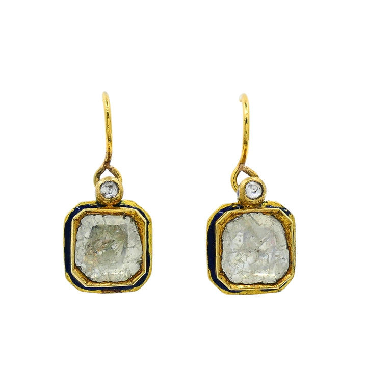 Antique 18k Gold Earrings Diamond Enamel Indian Origin