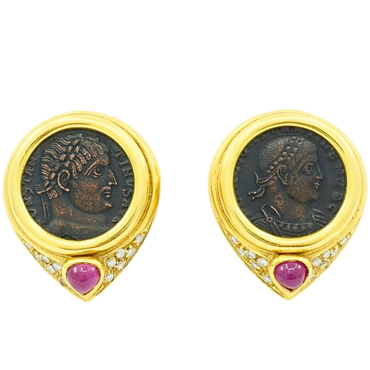 Ancient Coin 18k Gold Earrings Ruby