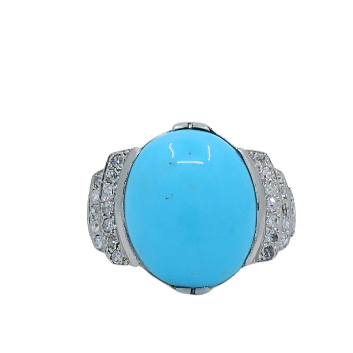 French Turquoise Ring Diamond 18k White Gold