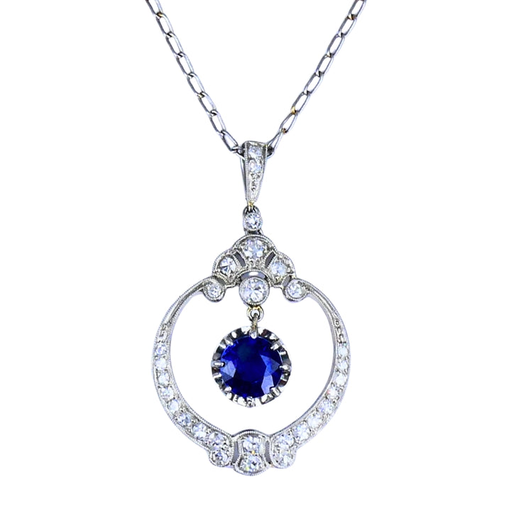 Edwardian Necklace Platinum Sapphire Diamond Pendant Vintage Jewelry Art Deco