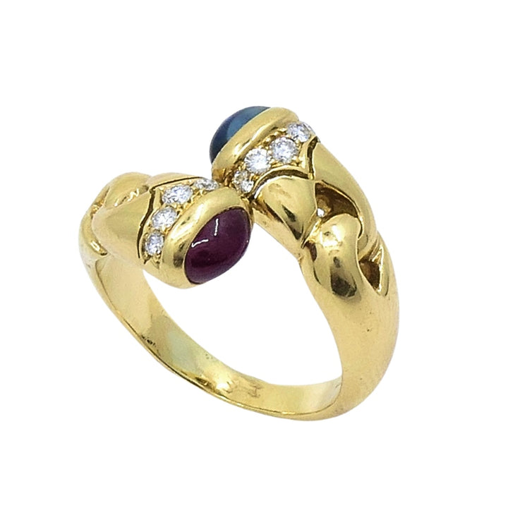 Bulgari Doppio Cuore Bypass Ring Gold Diamond Gemstones