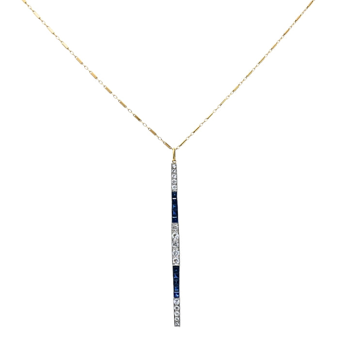 1920s Platinum Bar Pendant Sapphire Diamond & 14k Gold Chain Necklace