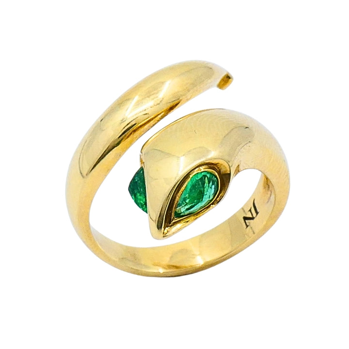 14k Gold Snake Pear-Cut Emerald Eyes Wrap Ring