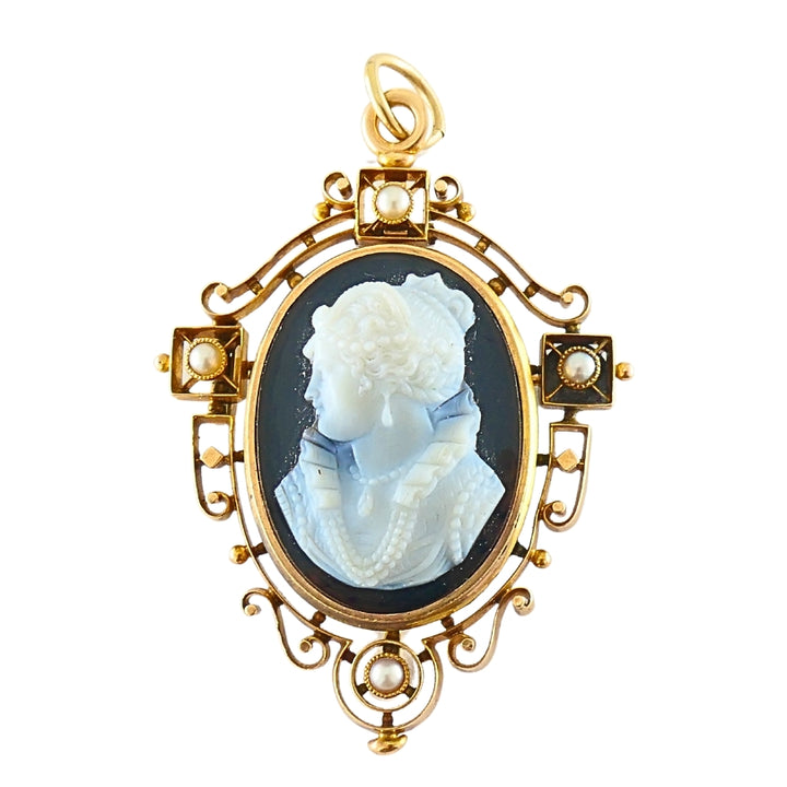 Antique 12k Gold Agate Cameo Pendant Brooch Seed Pearls