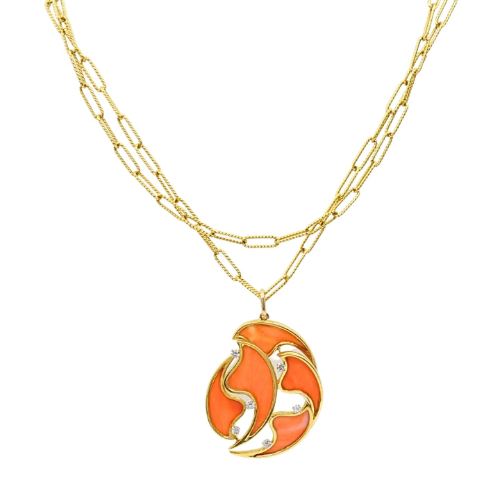 French 18k Diamond Coral Pendant 14k Gold Chain Necklace