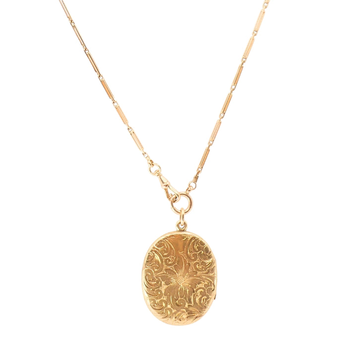 14k Gold Engraved Locket Pendant Gold Antique Watch Chain