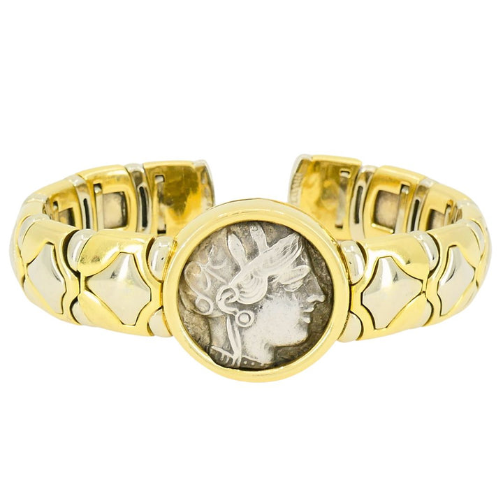Bulgari Monete Silver Ancient Coin 18k Two Tone Gold Cuff Bracelet