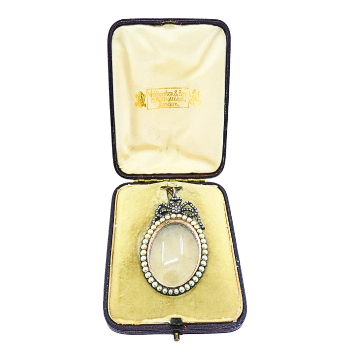 Antique 10k Gold Pearl Locket Pendant Diamond Accent Original London Box